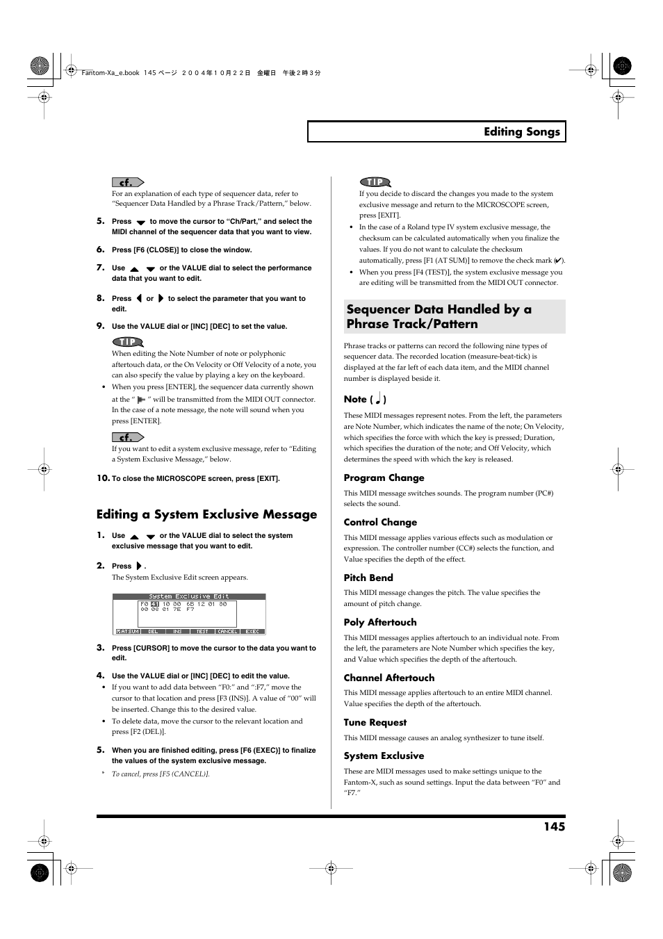 Sequencer data handled by a phrase track/pattern, Editing a system exclusive message, 145 editing songs | Roland Fantom-Xa User Manual | Page 145 / 264
