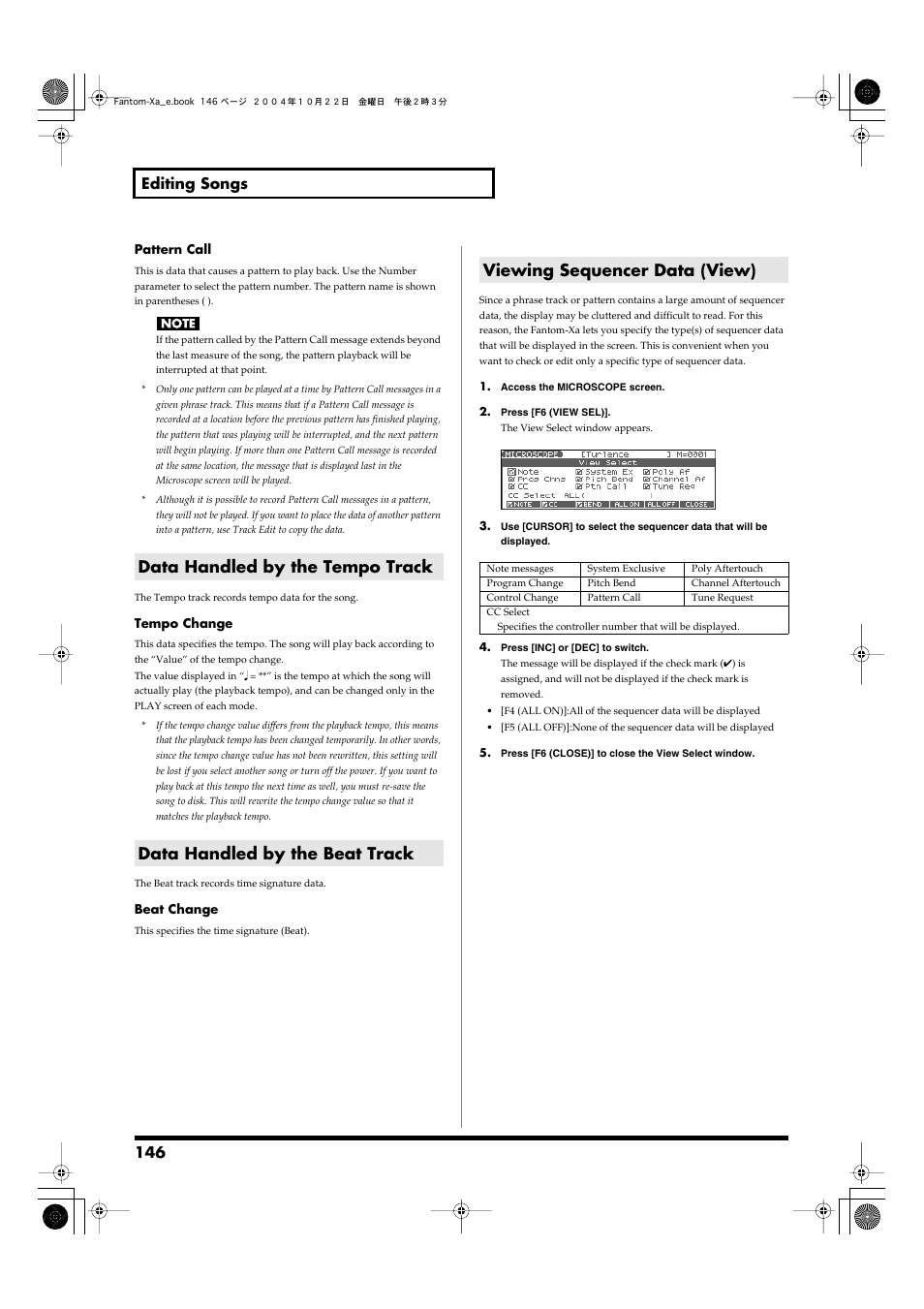Data handled by the tempo track, Data handled by the beat track, Viewing sequencer data (view) | 146 editing songs | Roland Fantom-Xa User Manual | Page 146 / 264