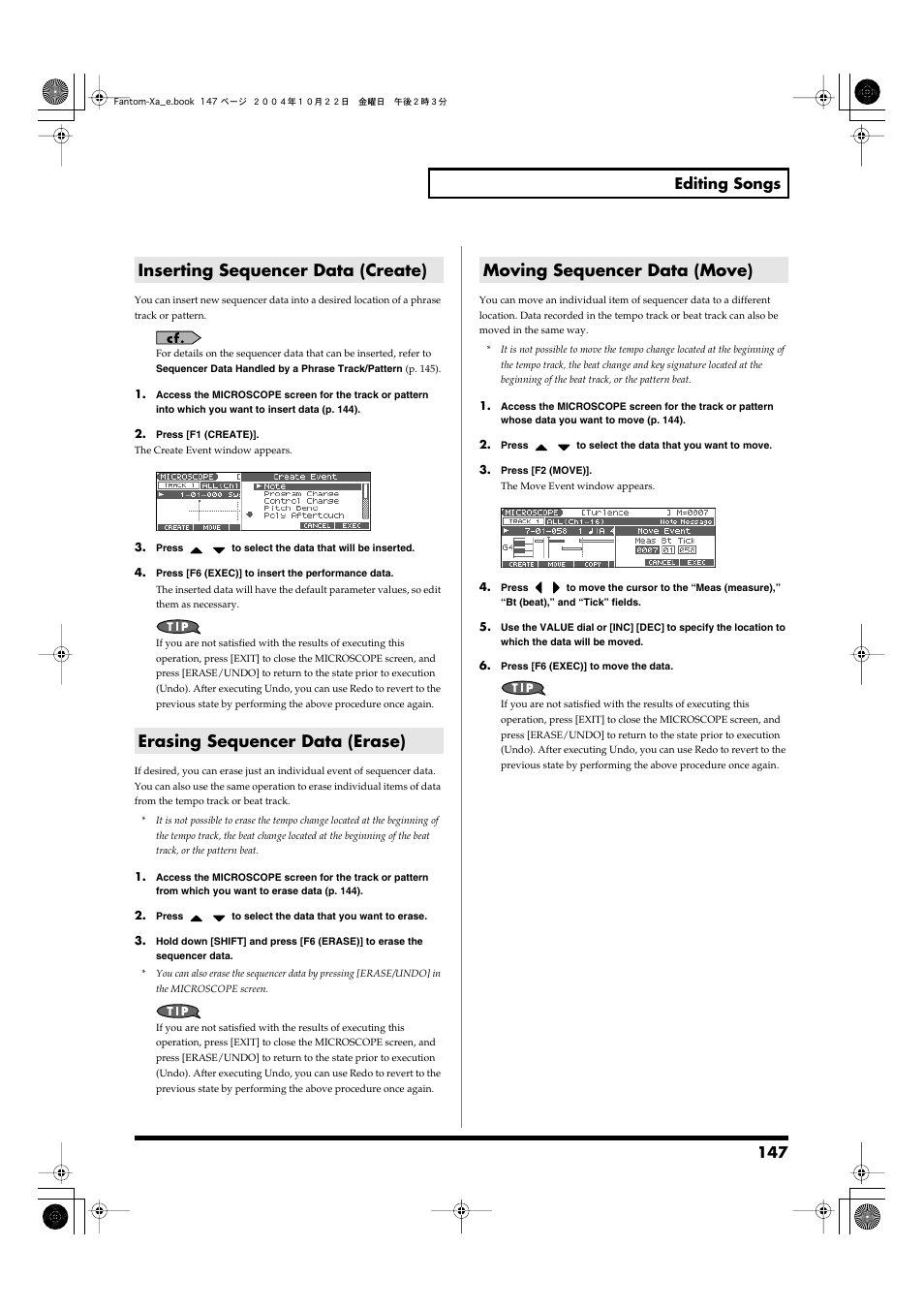 Inserting sequencer data (create), Erasing sequencer data (erase), Moving sequencer data (move) | 147 editing songs | Roland Fantom-Xa User Manual | Page 147 / 264