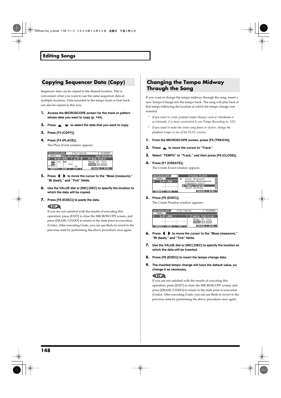 Copying sequencer data (copy), Changing the tempo midway through the song, 148 editing songs | Roland Fantom-Xa User Manual | Page 148 / 264