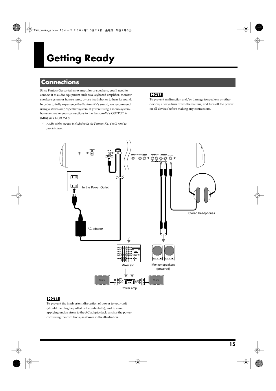 Getting ready, Connections, Connect the ac adaptor here (p. 15) | Anchor the cord of the ac adaptor (p. 15) | Roland Fantom-Xa User Manual | Page 15 / 264