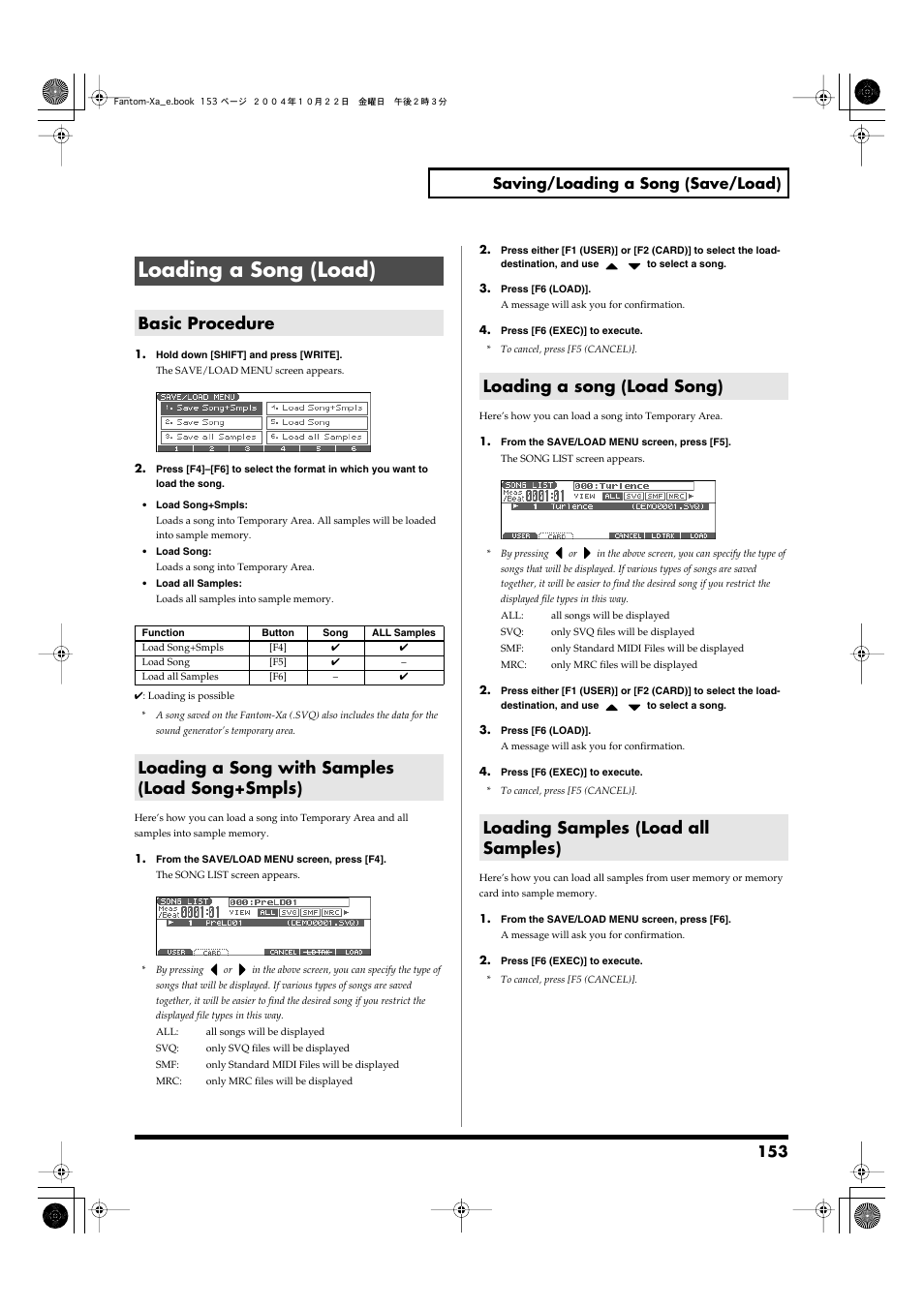 Loading a song (load), Basic procedure, Loading a song with samples (load song+smpls) | Loading a song (load song), Loading samples (load all samples), Loading a song (load, Song), P. 153), 153 saving/loading a song (save/load) | Roland Fantom-Xa User Manual | Page 153 / 264