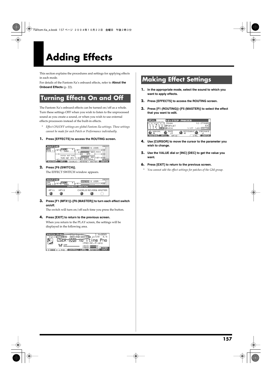 Adding effects, Turning effects on and off, Making effect settings | Turning effects on and off making effect settings, Make effect-related settings (p. 157), P. 157) | Roland Fantom-Xa User Manual | Page 157 / 264