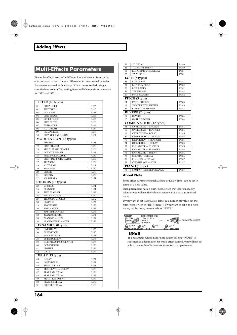 Multi-effects parameters, For details on multi-effects parameters, refer to, P. 164) | Refer to p. 164, Multi- effects parameters, P. 164), these are indicated by a, 164 adding effects | Roland Fantom-Xa User Manual | Page 164 / 264