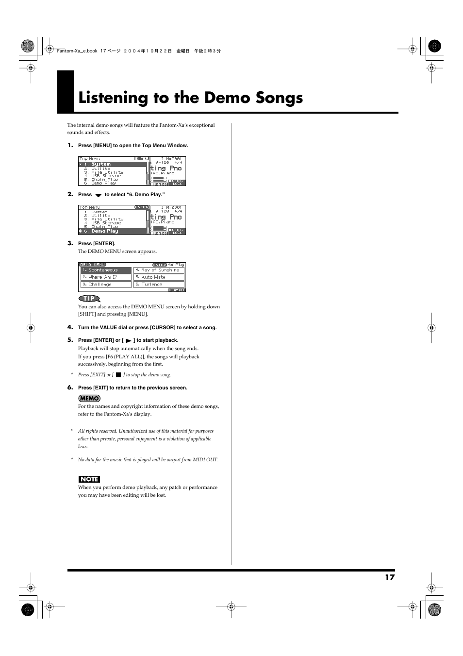 Listening to the demo songs | Roland Fantom-Xa User Manual | Page 17 / 264
