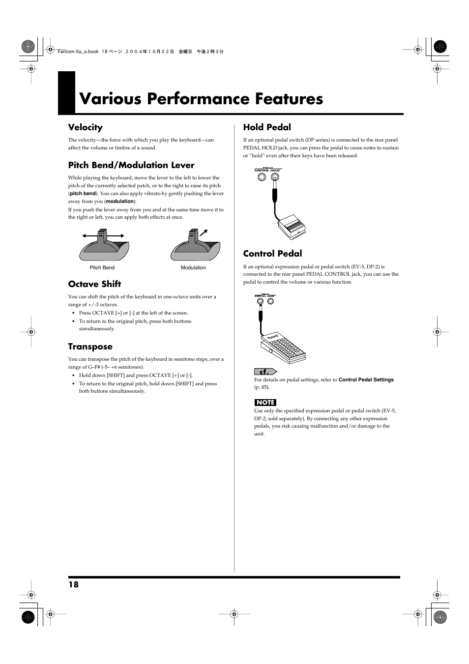 Various performance features, P. 18), Jack for use as a hold pedal (p. 18) | Velocity, Pitch bend/modulation lever, Octave shift, Transpose, Hold pedal, Control pedal | Roland Fantom-Xa User Manual | Page 18 / 264