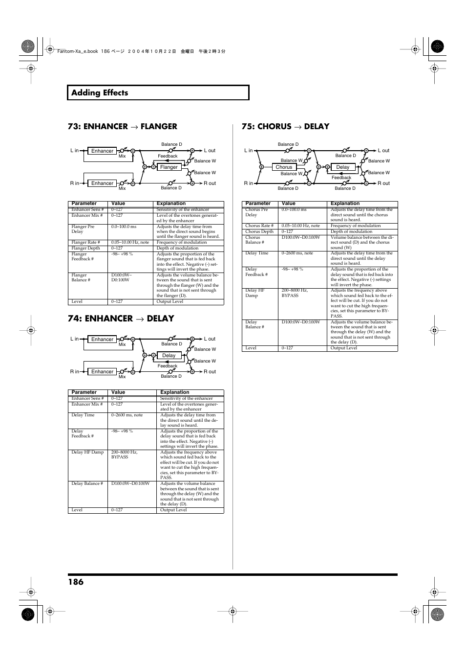 P.186, Enhancer → delay, Chorus → delay | Roland Fantom-Xa User Manual | Page 186 / 264