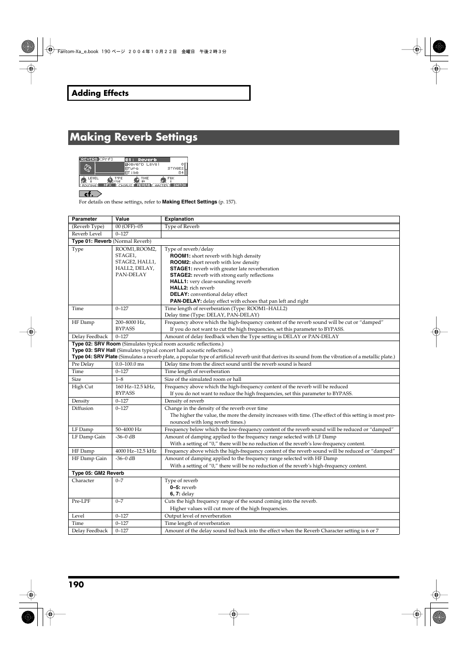Making reverb settings, P. 190), 190 adding effects | Roland Fantom-Xa User Manual | Page 190 / 264