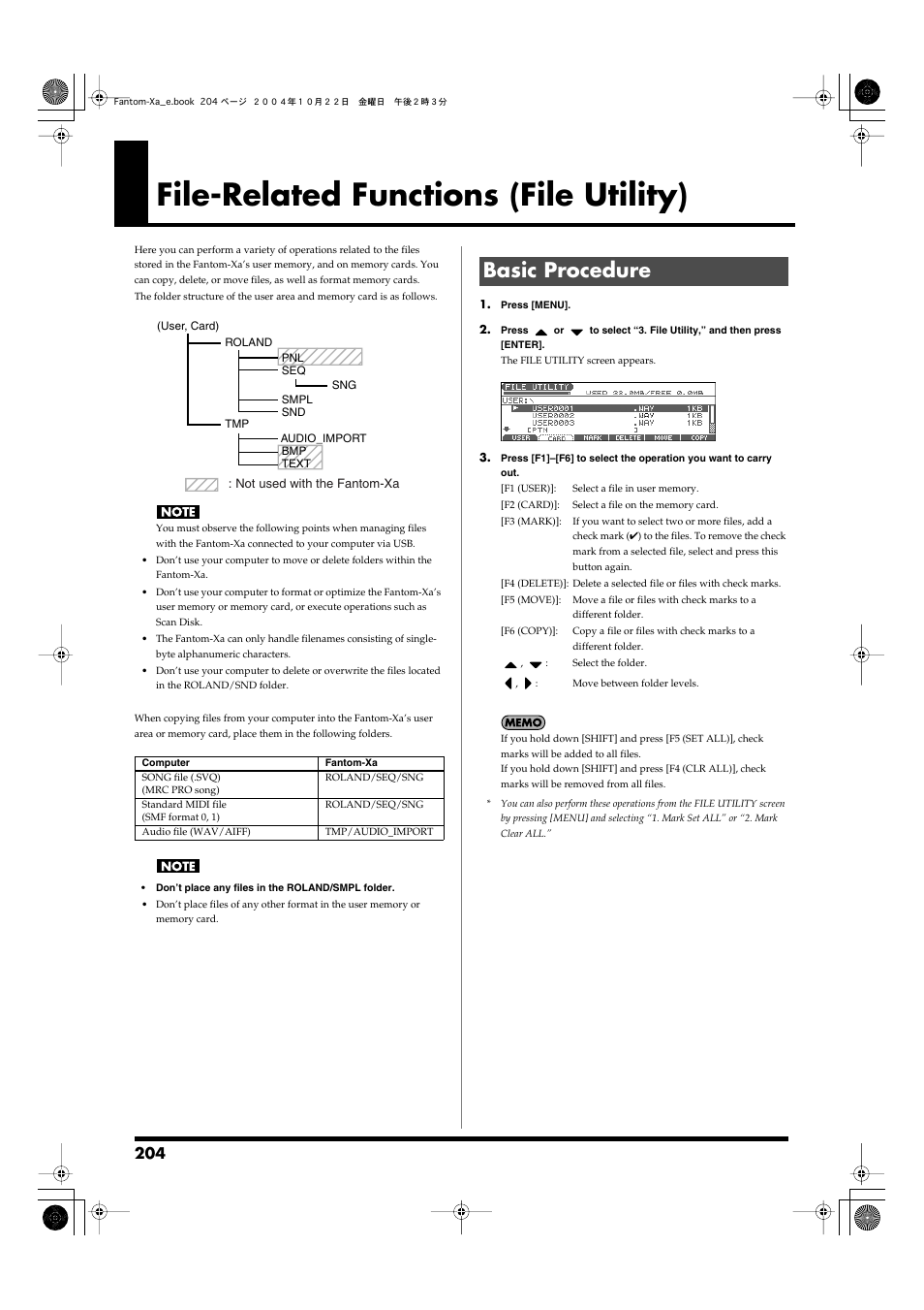 File-related functions (file utility), Basic procedure | Roland Fantom-Xa User Manual | Page 204 / 264