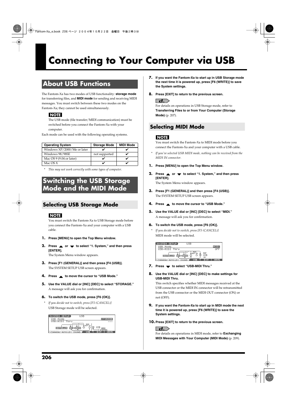 Connecting to your computer via usb, About usb functions, Switching the usb storage mode and the midi mode | Selecting usb storage mode, Selecting midi mode, The fantom-xa (p. 206), Switching the usb storage mode and the midi, Mode, P. 206), Selecting usb storage mode selecting midi mode | Roland Fantom-Xa User Manual | Page 206 / 264