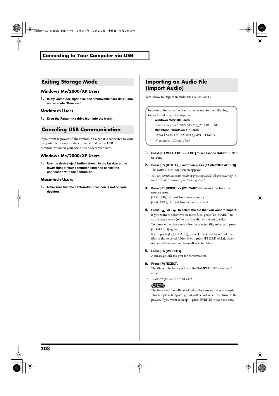 Exiting storage mode, Canceling usb communication, Importing an audio file (import audio) | 208 connecting to your computer via usb | Roland Fantom-Xa User Manual | Page 208 / 264