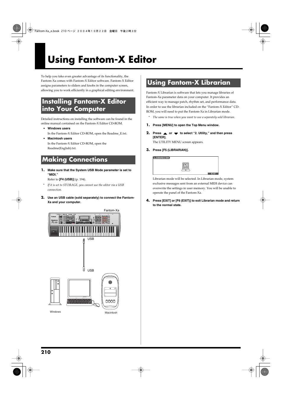 Using fantom-x editor, Installing fantom-x editor into your computer, Making connections | Using fantom-x librarian | Roland Fantom-Xa User Manual | Page 210 / 264