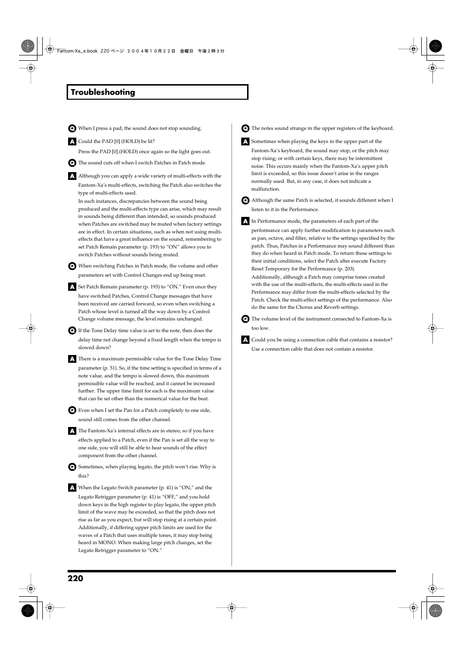 220 troubleshooting | Roland Fantom-Xa User Manual | Page 220 / 264