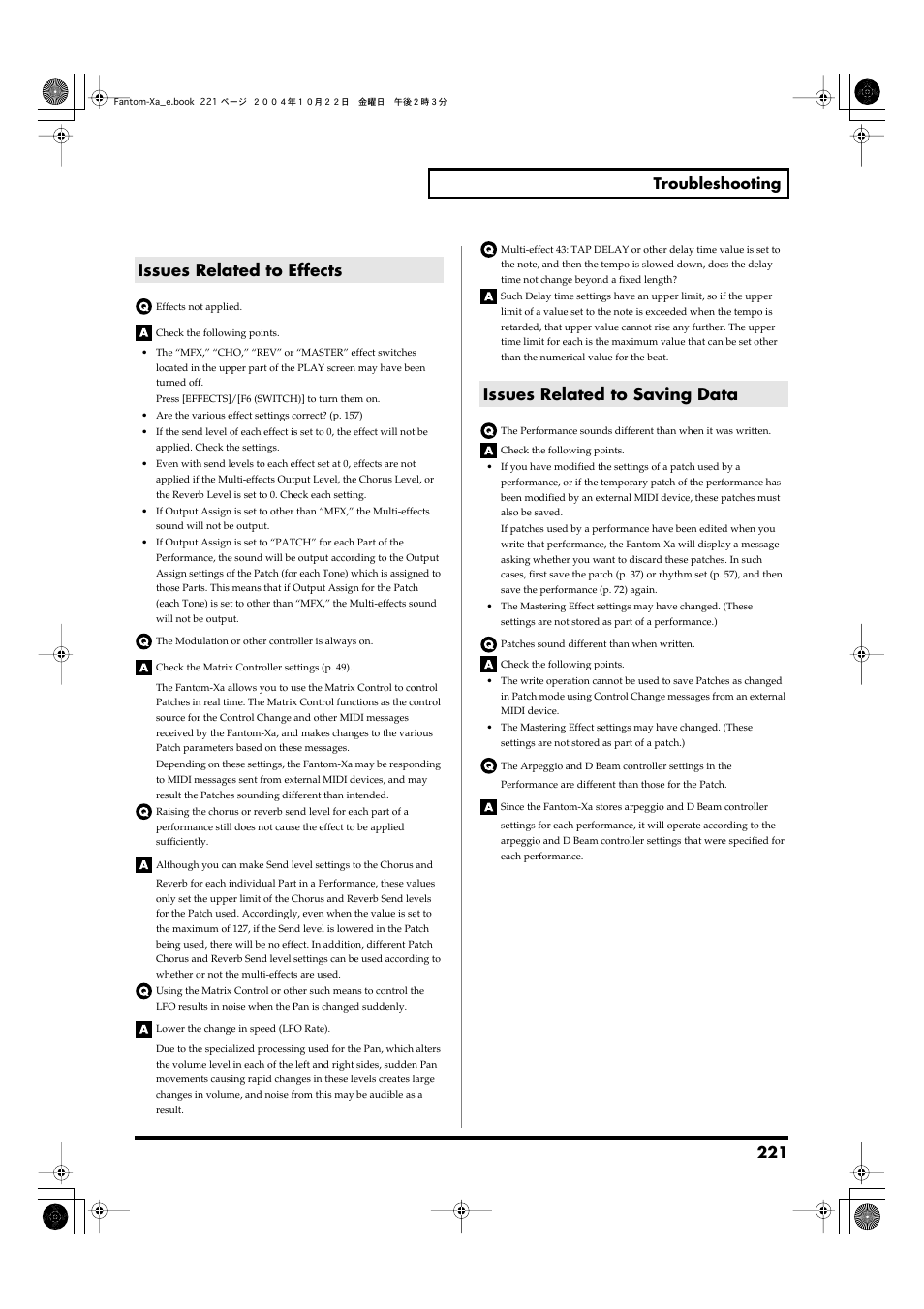 Issues related to effects, Issues related to saving data, 221 troubleshooting | Roland Fantom-Xa User Manual | Page 221 / 264