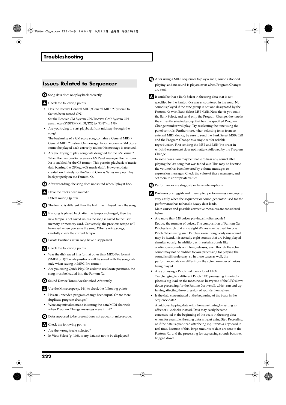 Issues related to sequencer, 222 troubleshooting | Roland Fantom-Xa User Manual | Page 222 / 264