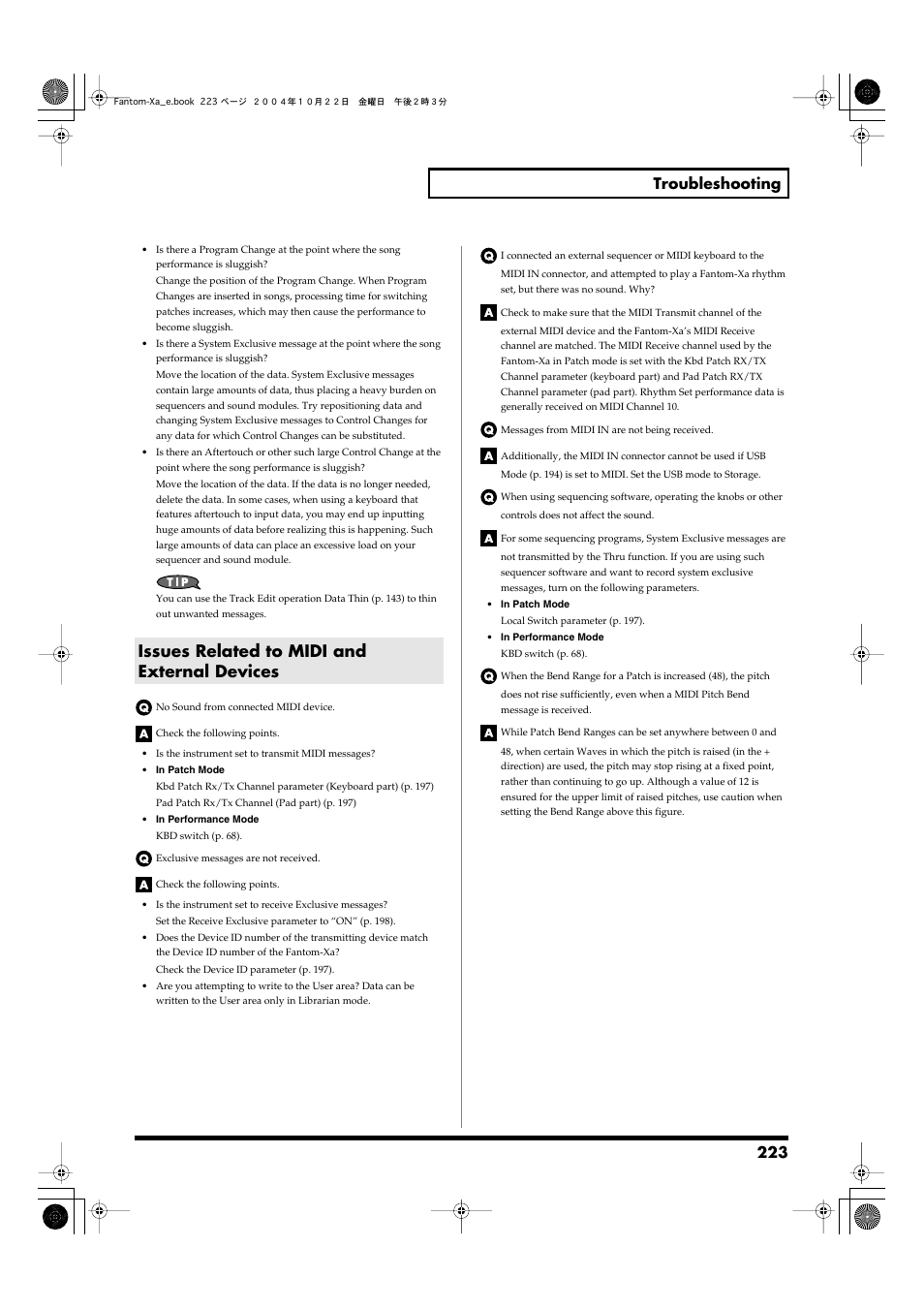 Issues related to midi and external devices, 223 troubleshooting | Roland Fantom-Xa User Manual | Page 223 / 264