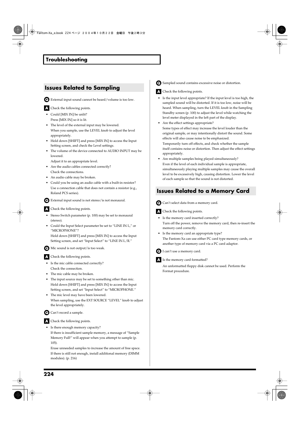 Issues related to sampling, Issues related to a memory card, 224 troubleshooting | Roland Fantom-Xa User Manual | Page 224 / 264