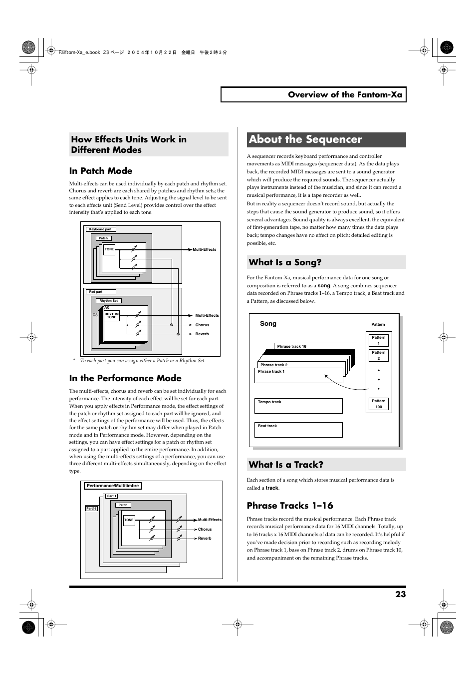 How effects units work in different modes, About the sequencer, What is a song | What is a track, Phrase tracks 1–16, What is a song? what is a track, 23 overview of the fantom-xa | Roland Fantom-Xa User Manual | Page 23 / 264