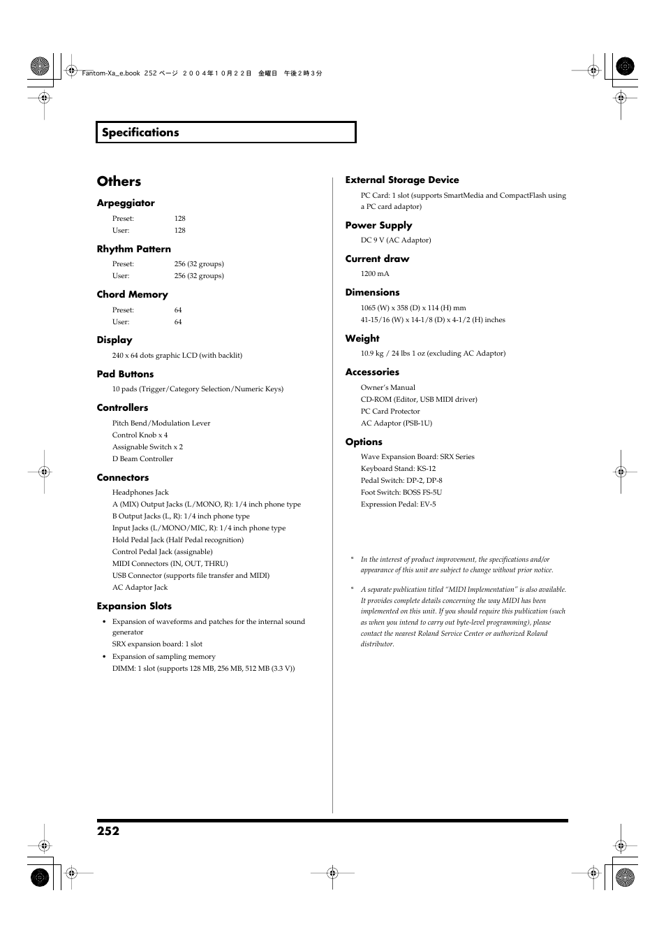 Others, 252 specifications | Roland Fantom-Xa User Manual | Page 252 / 264