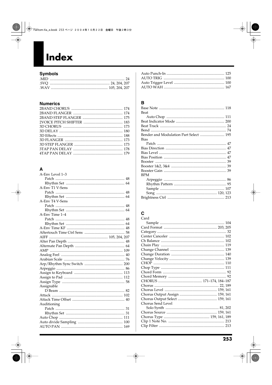 Index | Roland Fantom-Xa User Manual | Page 253 / 264