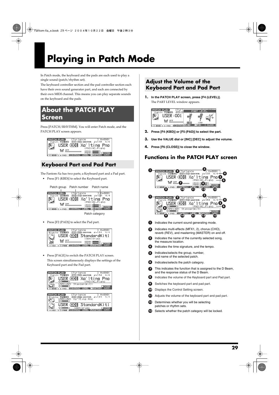 Playing in patch mode, About the patch play screen, Keyboard part and pad part | Enter patch/rhythm mode (p. 29), Functions in the patch play screen | Roland Fantom-Xa User Manual | Page 29 / 264