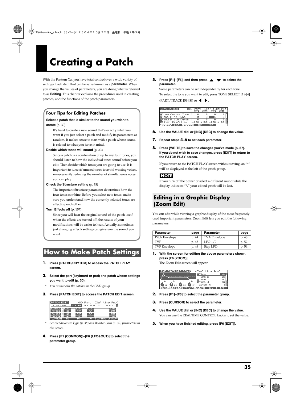 Creating a patch, How to make patch settings, Editing in a graphic display (zoom edit) | Make patch-related settings (p. 35) | Roland Fantom-Xa User Manual | Page 35 / 264
