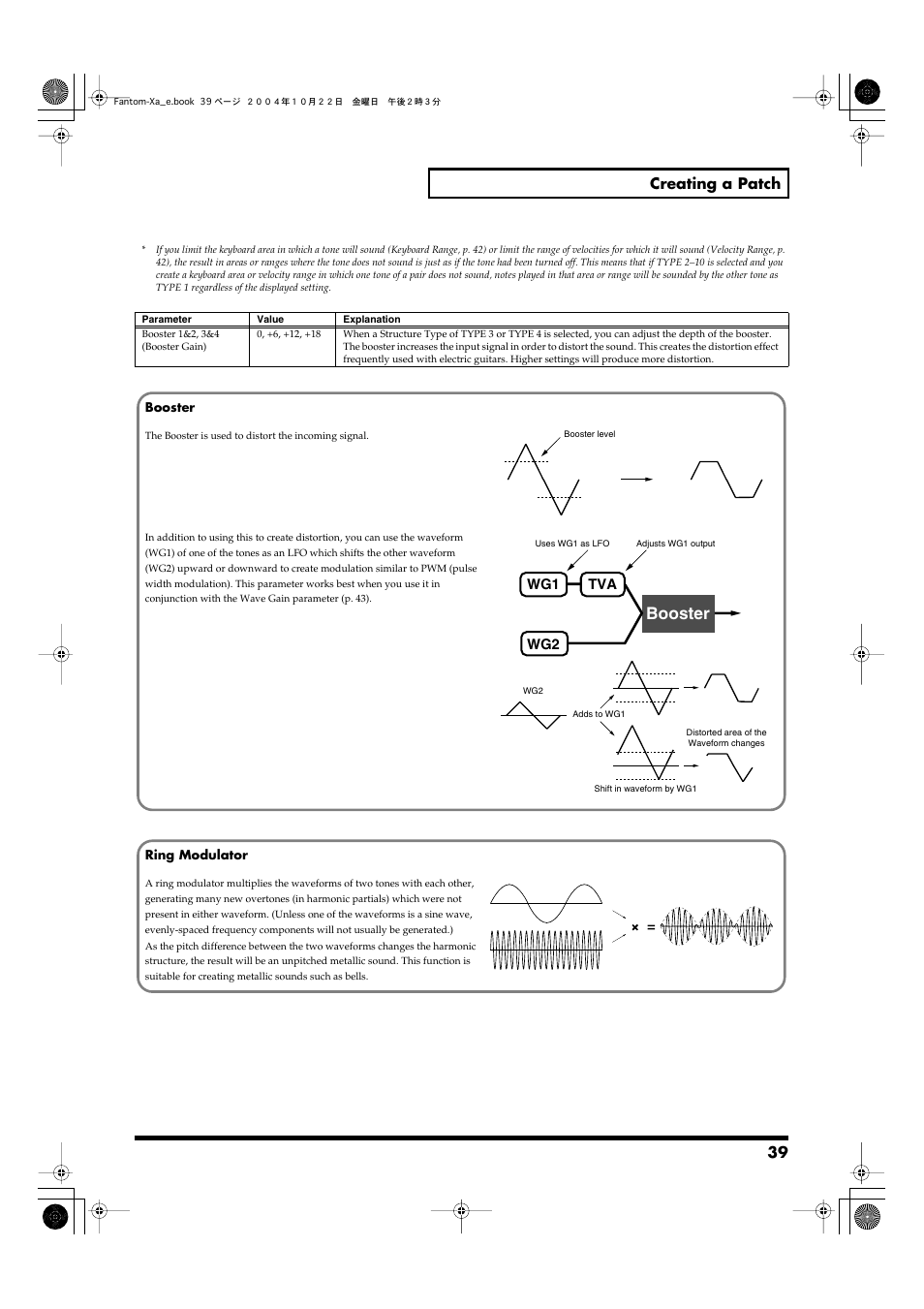 Booster, 39 creating a patch, Tva wg1 wg2 | Roland Fantom-Xa User Manual | Page 39 / 264