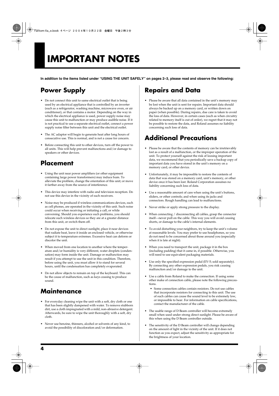 Important notes, Power supply, Placement | Maintenance, Repairs and data, Additional precautions | Roland Fantom-Xa User Manual | Page 4 / 264