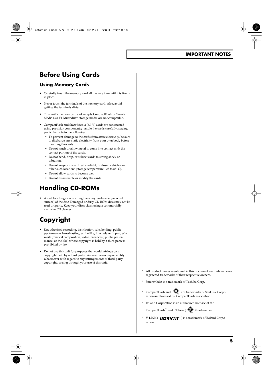 Before using cards, Handling cd-roms, Copyright | Roland Fantom-Xa User Manual | Page 5 / 264