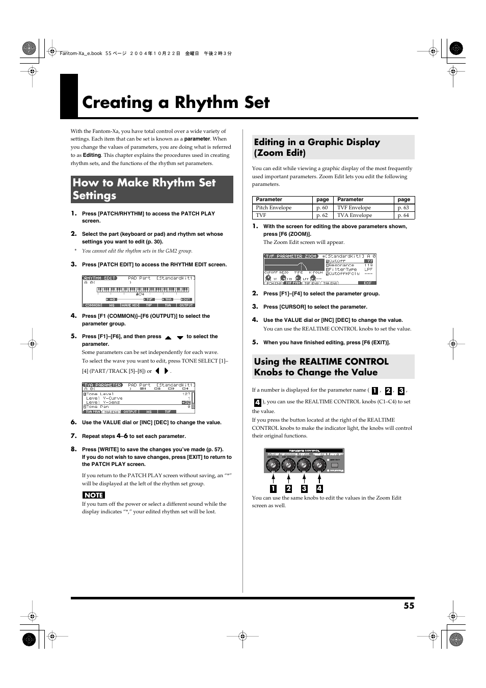 Creating a rhythm set, How to make rhythm set settings, Editing in a graphic display (zoom edit) | Roland Fantom-Xa User Manual | Page 55 / 264