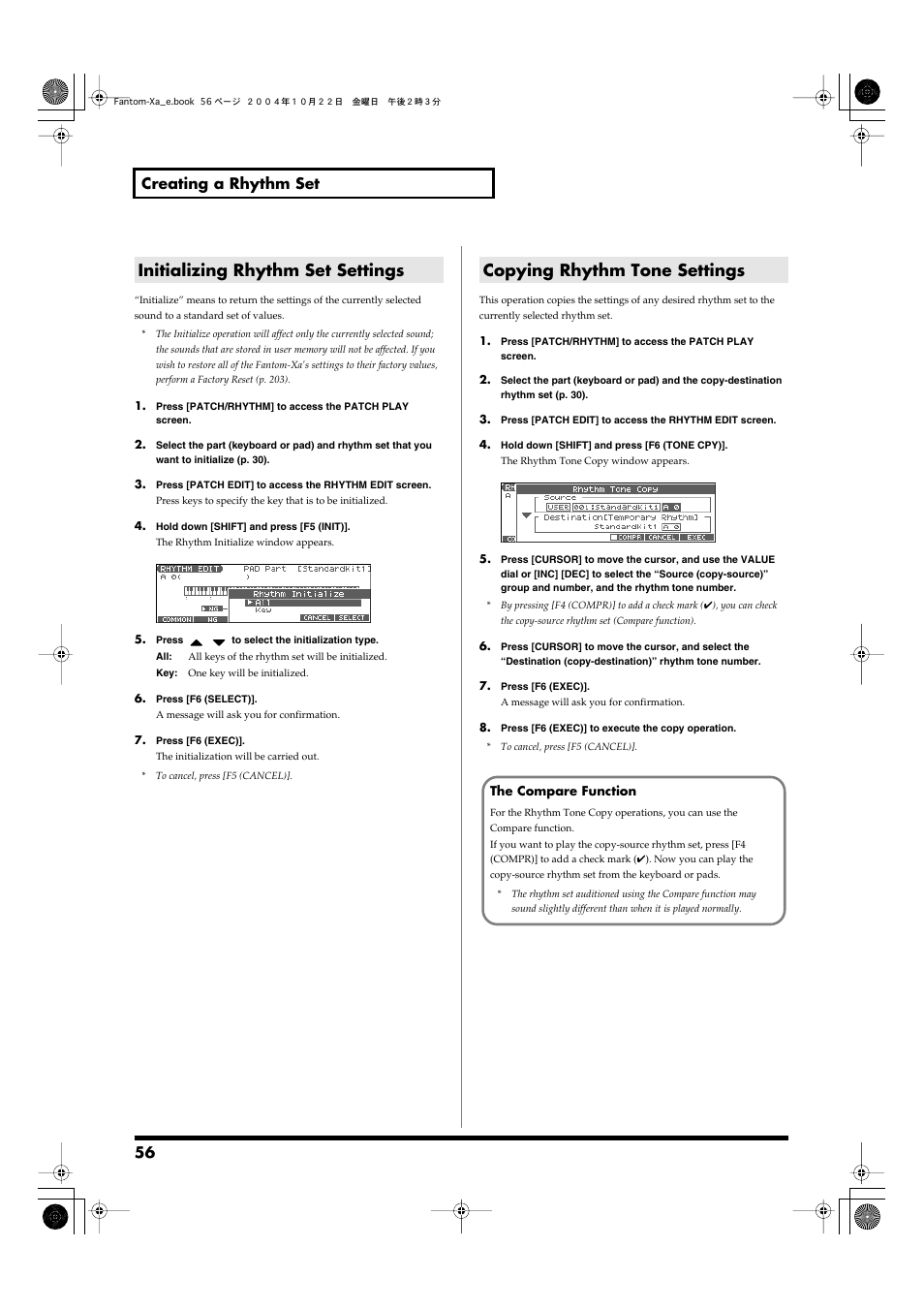 Initializing rhythm set settings, Copying rhythm tone settings, 56 creating a rhythm set | Roland Fantom-Xa User Manual | Page 56 / 264