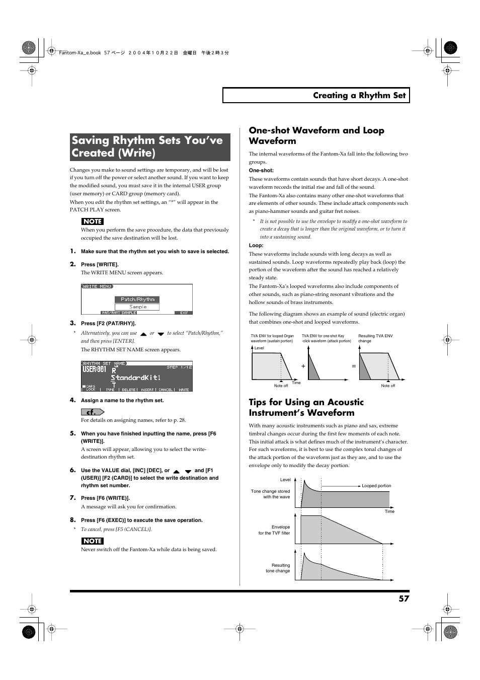 Saving rhythm sets you’ve created (write), 57, p. 72, p. 91, p. 93, p. 116, p. 150), One-shot waveform and loop waveform | Tips for using an acoustic instrument’s waveform, 57 creating a rhythm set | Roland Fantom-Xa User Manual | Page 57 / 264
