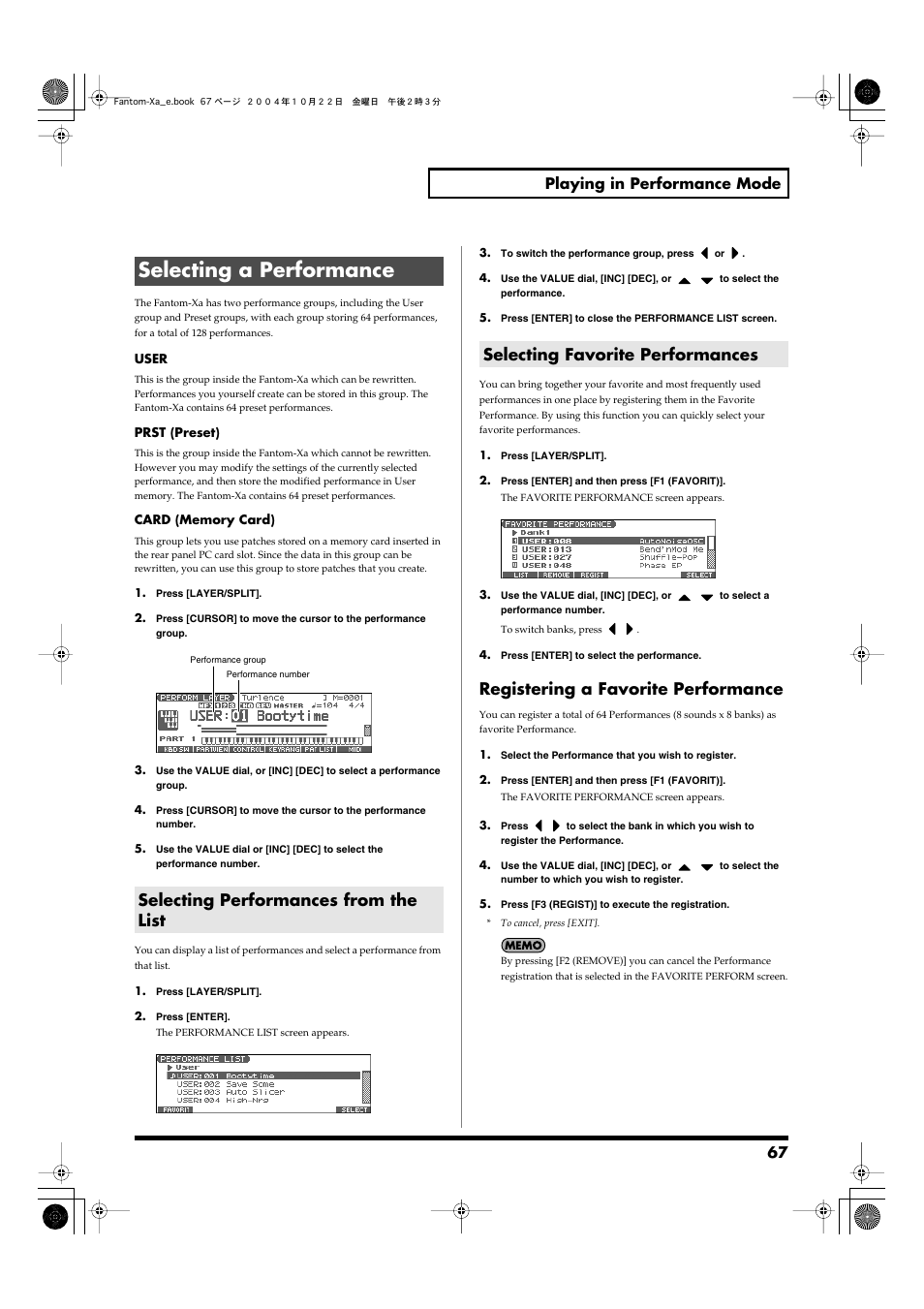 Selecting a performance, Selecting performances from the list, Selecting favorite performances | Registering a favorite performance, 67 playing in performance mode | Roland Fantom-Xa User Manual | Page 67 / 264
