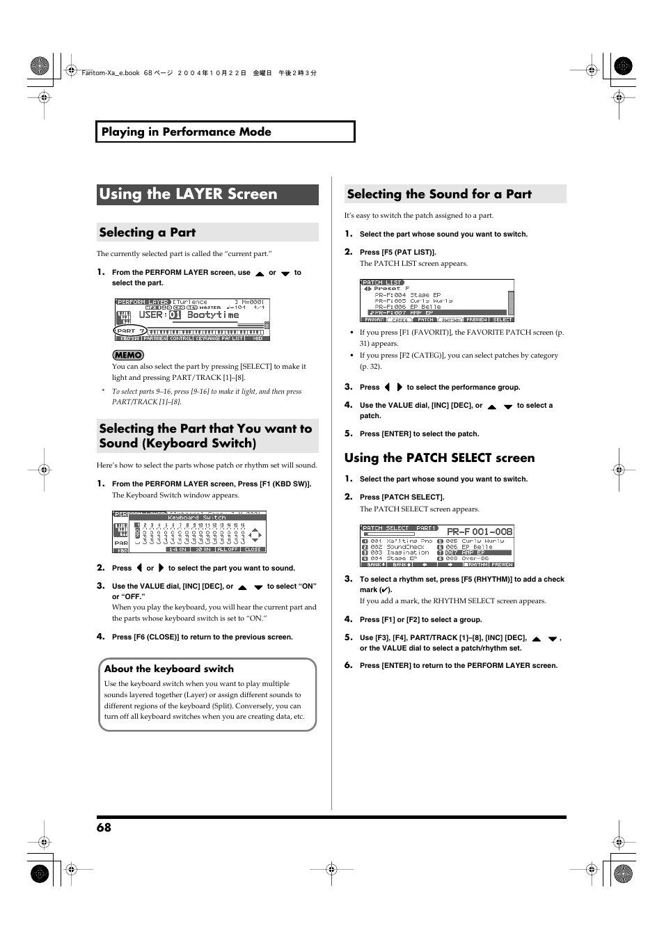 Using the layer screen, Selecting a part, Selecting the sound for a part | As part select buttons (p. 68, p. 70), View the performance mode’s layer screen (p. 68), Using the patch select screen, 68 playing in performance mode | Roland Fantom-Xa User Manual | Page 68 / 264