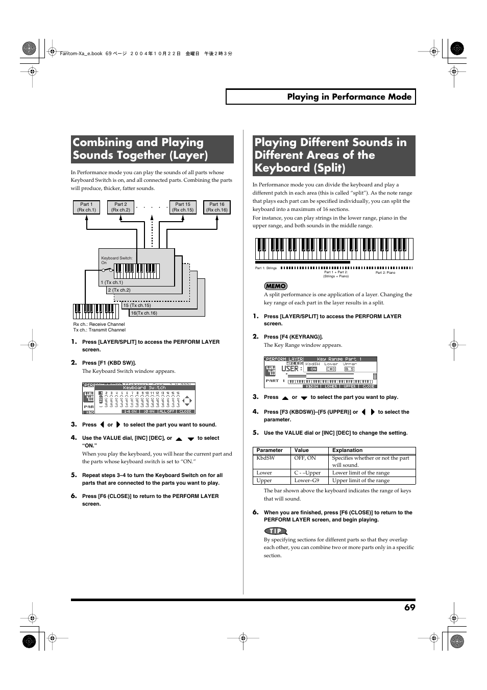 Combining and playing sounds together (layer), 69 playing in performance mode | Roland Fantom-Xa User Manual | Page 69 / 264