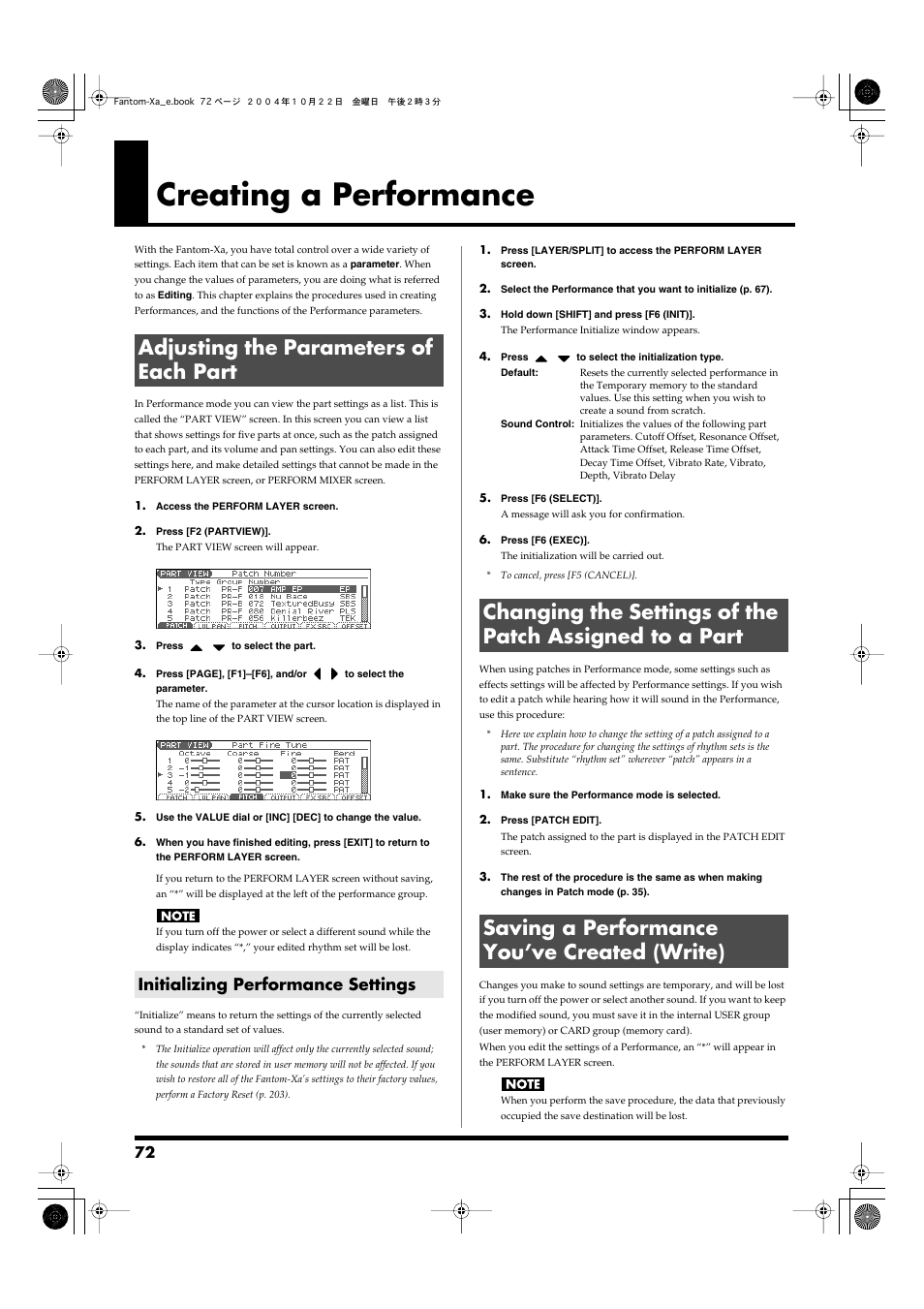 Creating a performance, Adjusting the parameters of each part, Initializing performance settings | Saving a performance you’ve created (write) | Roland Fantom-Xa User Manual | Page 72 / 264