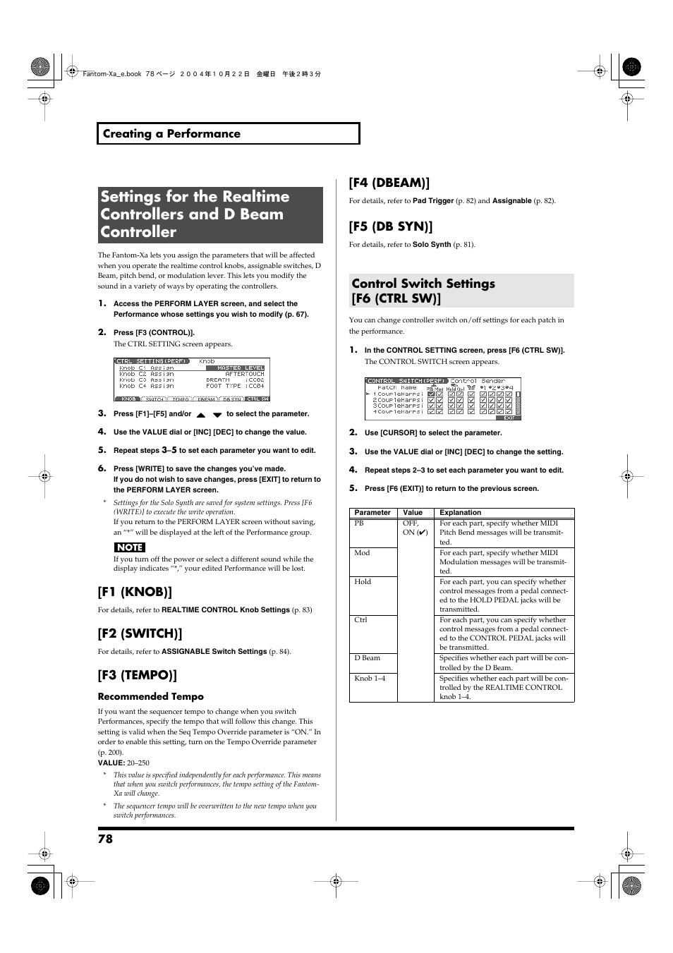 Control switch settings [f6 (ctrl sw), F1 (knob), F2 (switch) | F3 (tempo), F4 (dbeam), F5 (db syn), 78 creating a performance | Roland Fantom-Xa User Manual | Page 78 / 264