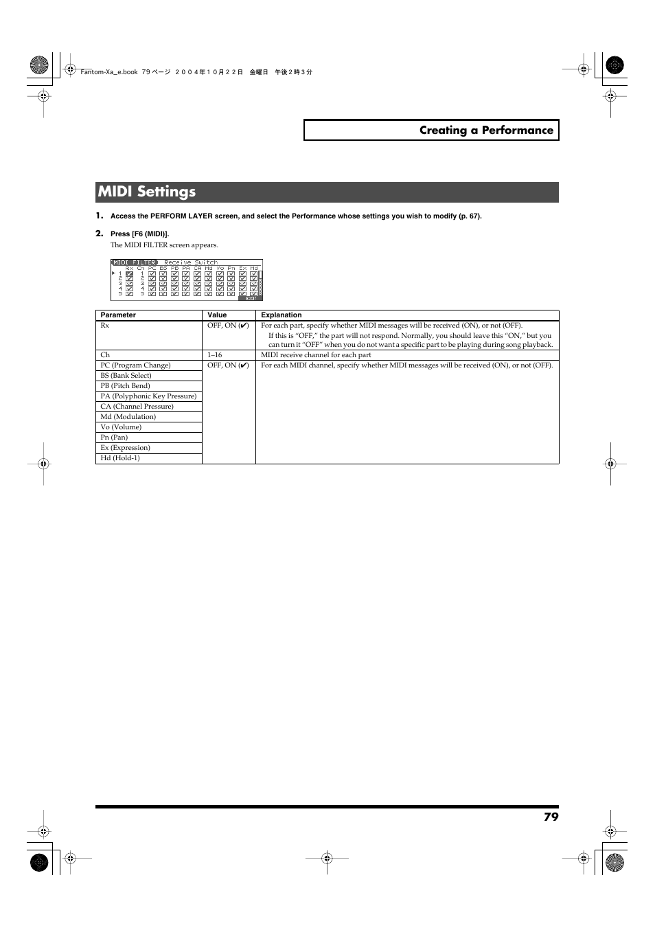 Midi settings, 79 creating a performance | Roland Fantom-Xa User Manual | Page 79 / 264