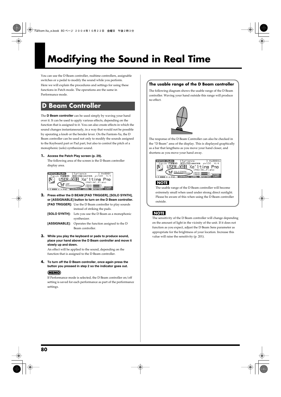 Modifying the sound in real time, D beam controller, To sounds simply by moving your hand (p. 80) | P. 80) | Roland Fantom-Xa User Manual | Page 80 / 264
