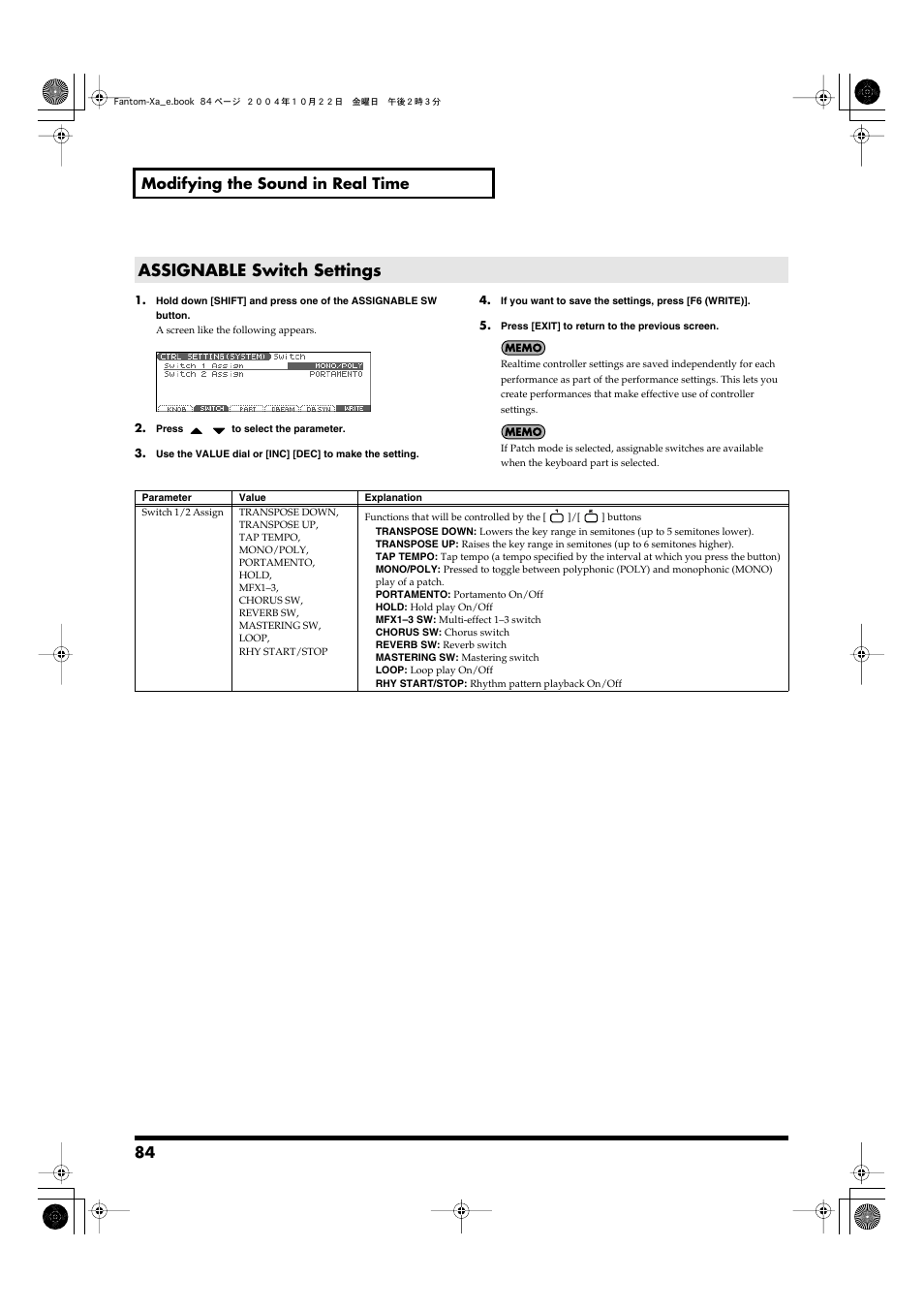 Assignable switch settings, Modify the sound in realtime (p. 84), Between mono/poly by pressing a button (p. 84) | To easily turn portamento on/off (p. 84), For details, refer to, P. 84), 84 modifying the sound in real time | Roland Fantom-Xa User Manual | Page 84 / 264