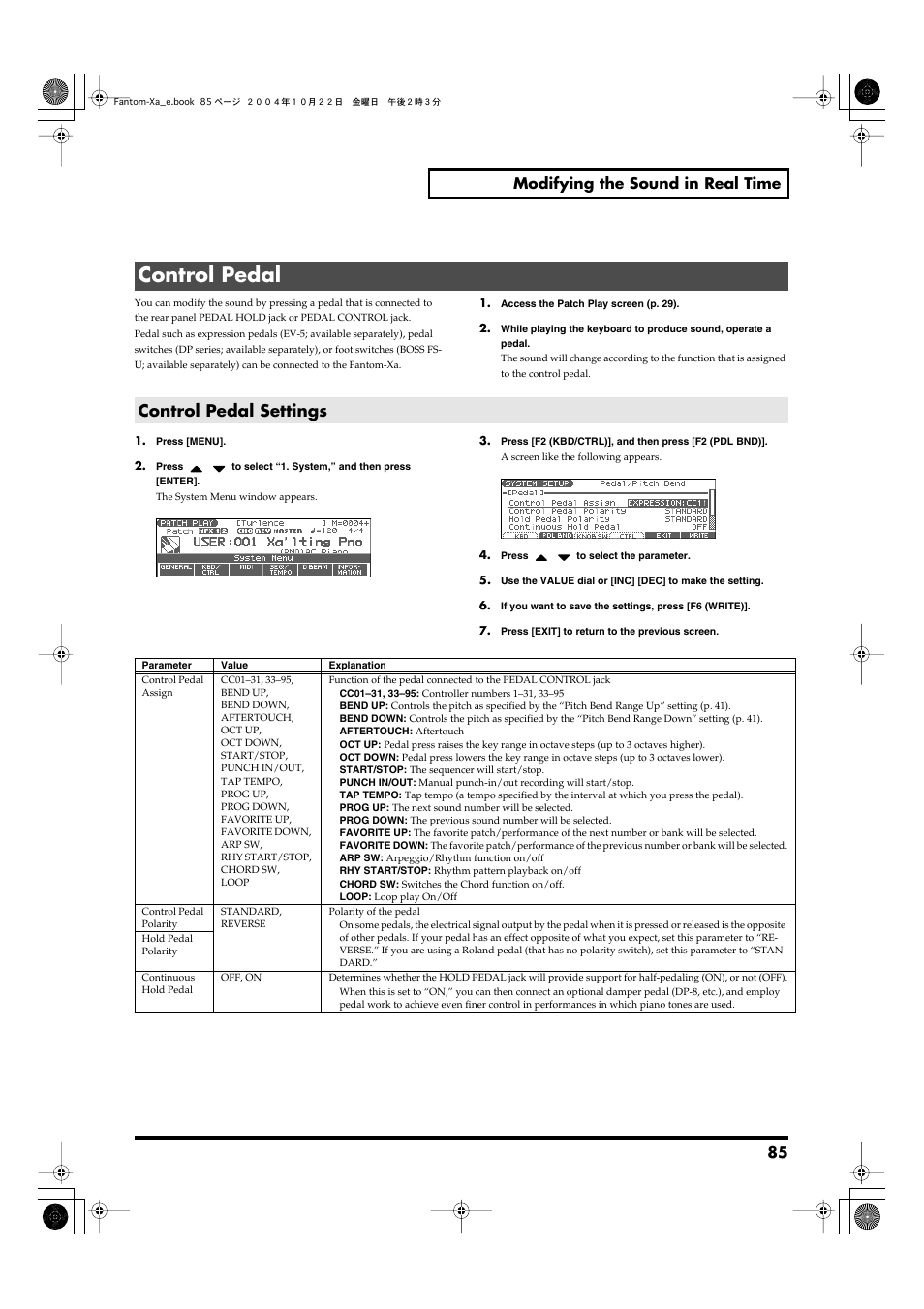 Control pedal, Control pedal settings, For details on pedal settings, refer to | P. 85), 85 modifying the sound in real time | Roland Fantom-Xa User Manual | Page 85 / 264