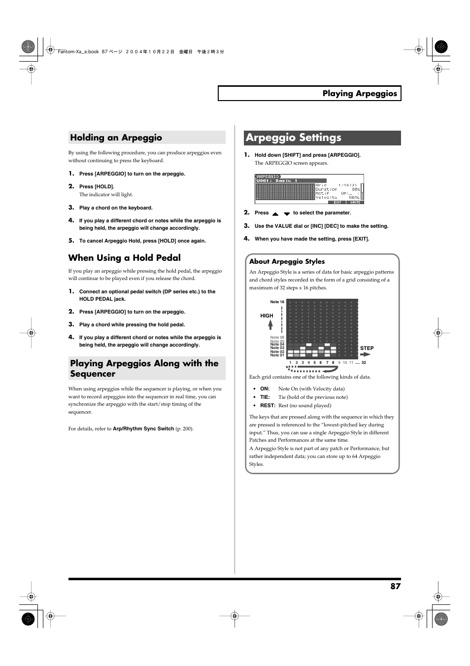 Holding an arpeggio, Playing arpeggios along with the sequencer, Arpeggio settings | Switches the arpeggio hold function on/off (p. 87), When using a hold pedal, 87 playing arpeggios | Roland Fantom-Xa User Manual | Page 87 / 264
