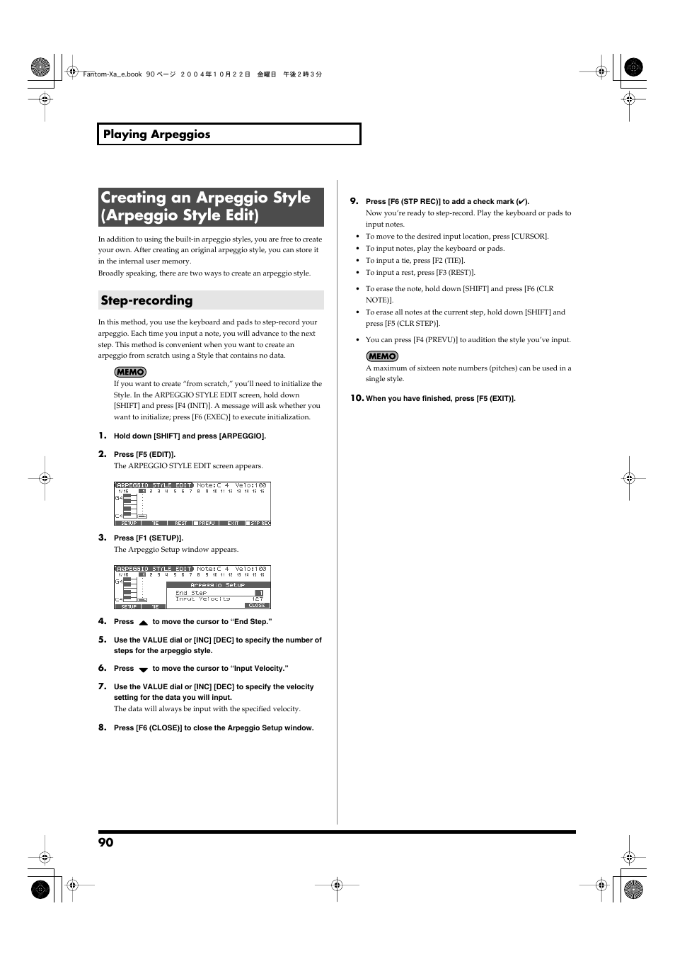 Creating an arpeggio style (arpeggio style edit), Step-recording, 90 playing arpeggios | Roland Fantom-Xa User Manual | Page 90 / 264