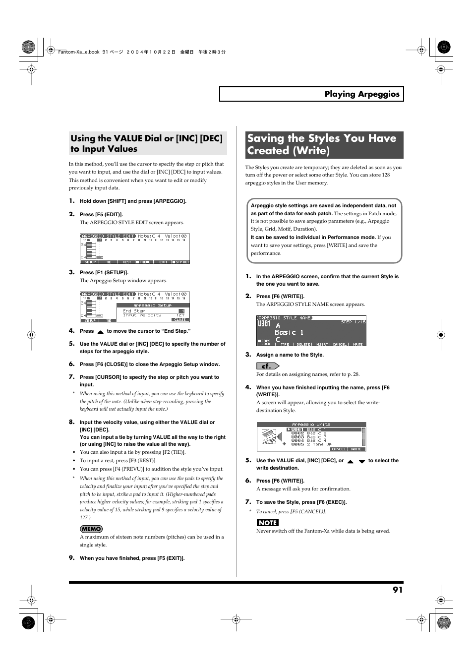 Saving the styles you have created (write), 91 playing arpeggios | Roland Fantom-Xa User Manual | Page 91 / 264