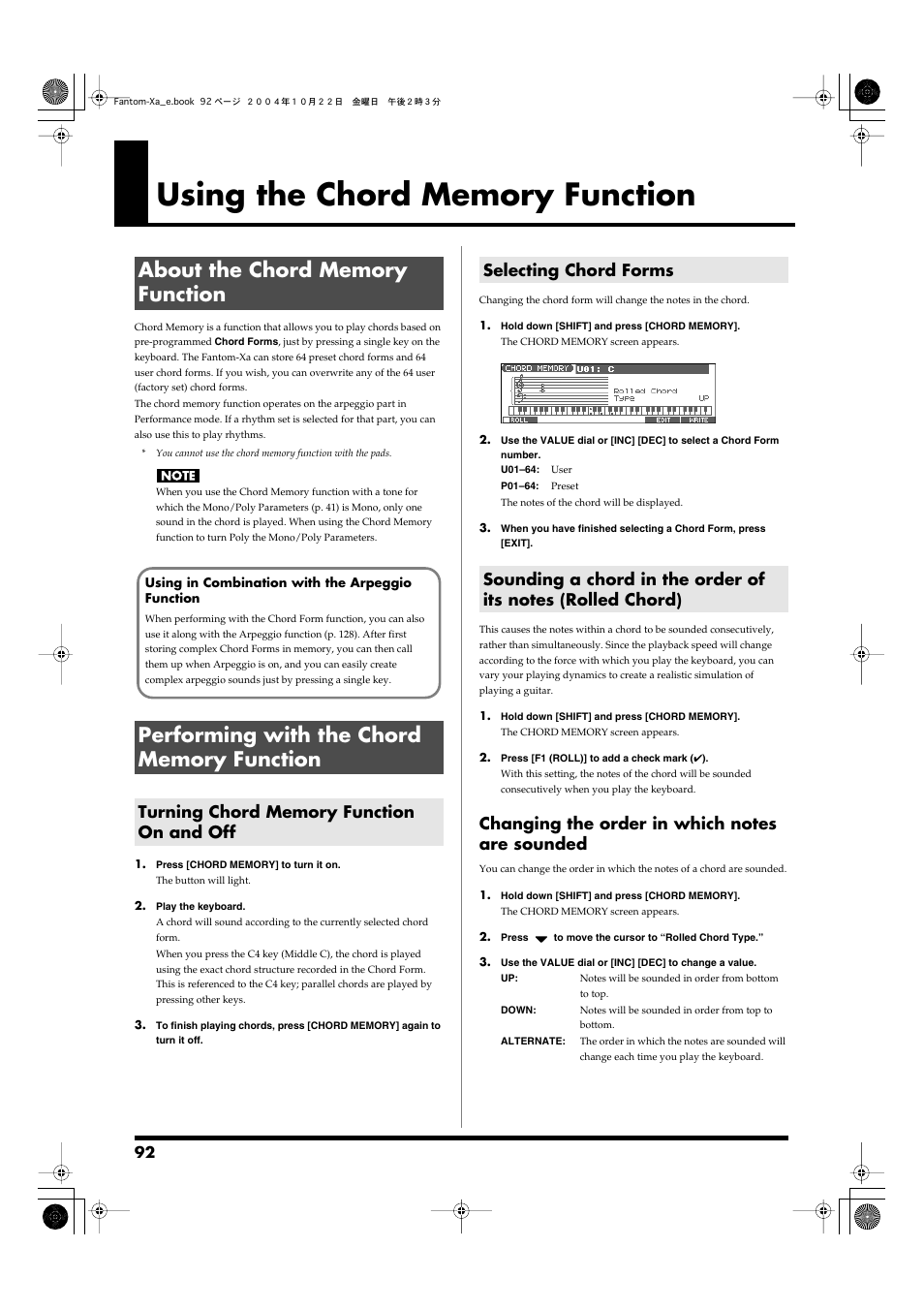 Using the chord memory function, About the chord memory function, Performing with the chord memory function | Turning chord memory function on and off, Selecting chord forms, Switches the chord memory on/off (p. 92) | Roland Fantom-Xa User Manual | Page 92 / 264