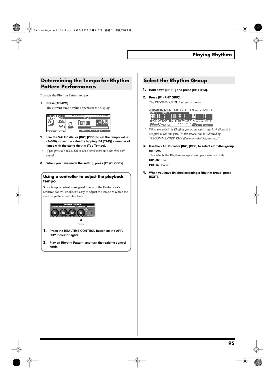 Select the rhythm group, 95 playing rhythms | Roland Fantom-Xa User Manual | Page 95 / 264