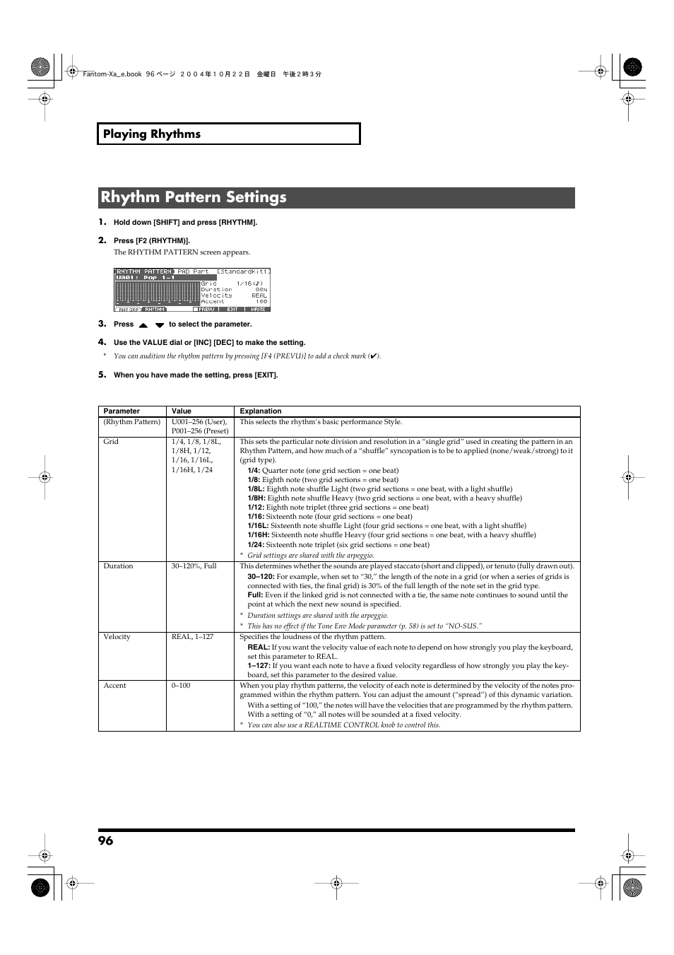 Rhythm pattern settings, 96 playing rhythms | Roland Fantom-Xa User Manual | Page 96 / 264