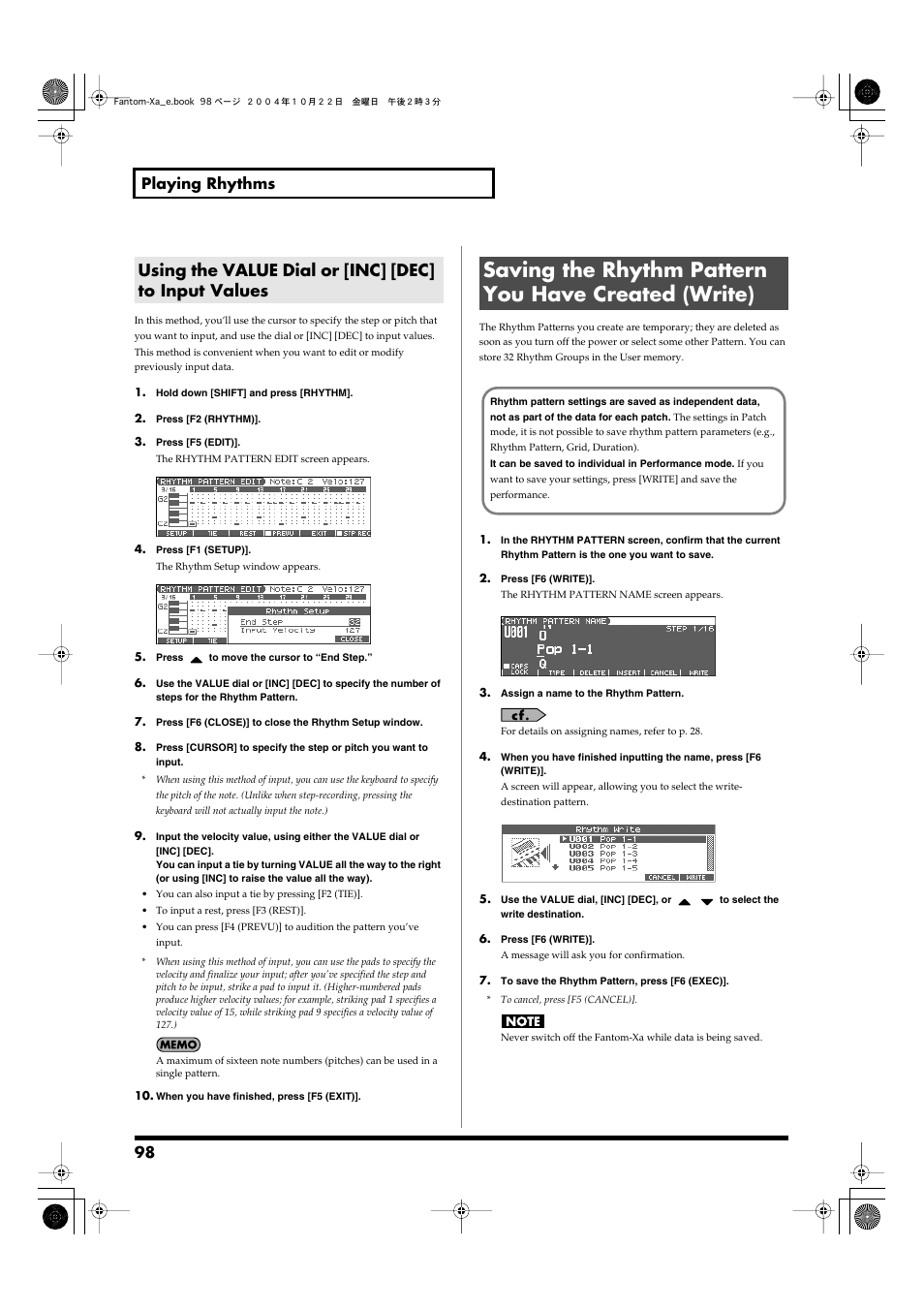 Saving the rhythm pattern you have created (write), 98 playing rhythms | Roland Fantom-Xa User Manual | Page 98 / 264