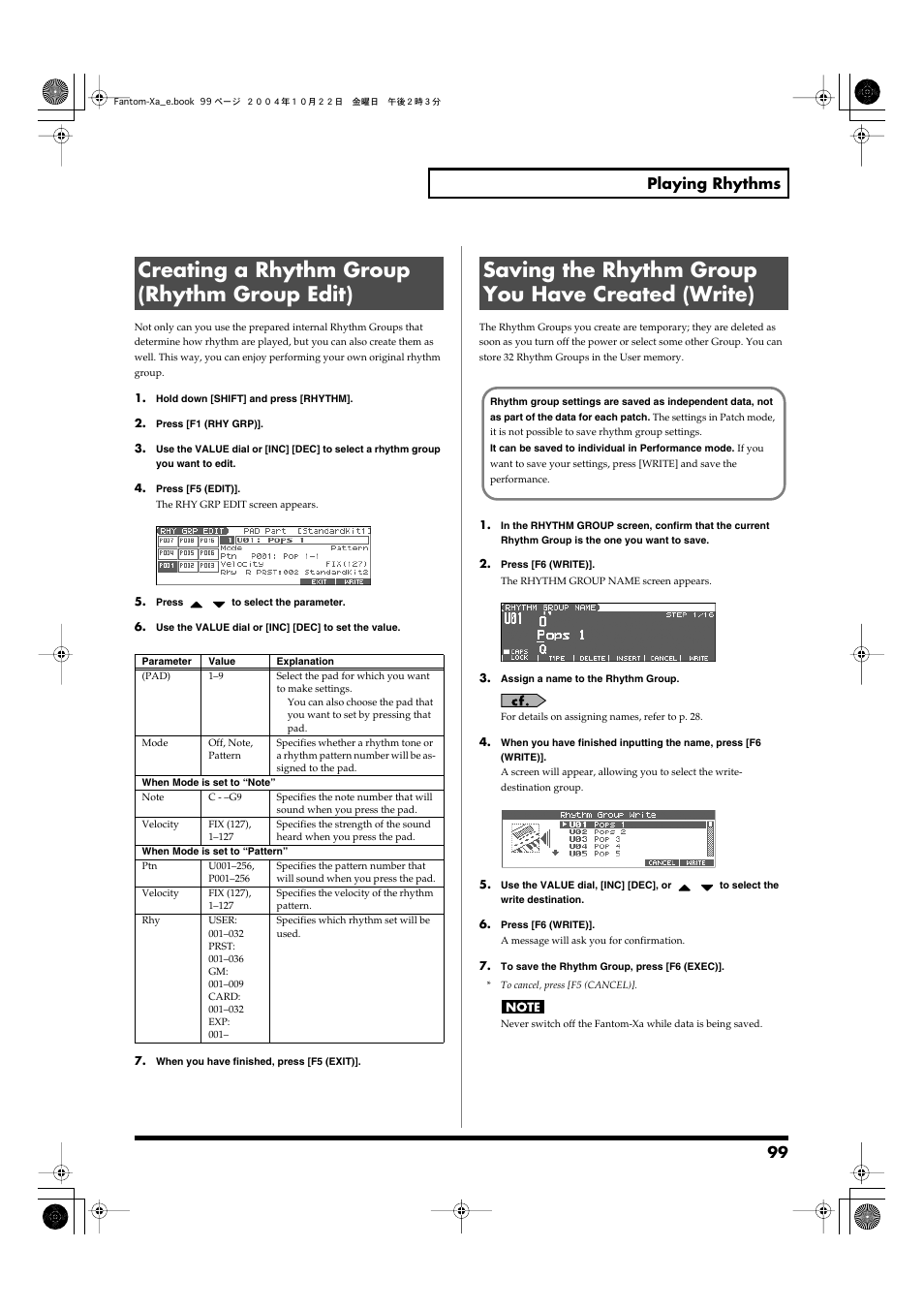 Creating a rhythm group (rhythm group edit), Saving the rhythm group you have created (write), 99 playing rhythms | Roland Fantom-Xa User Manual | Page 99 / 264