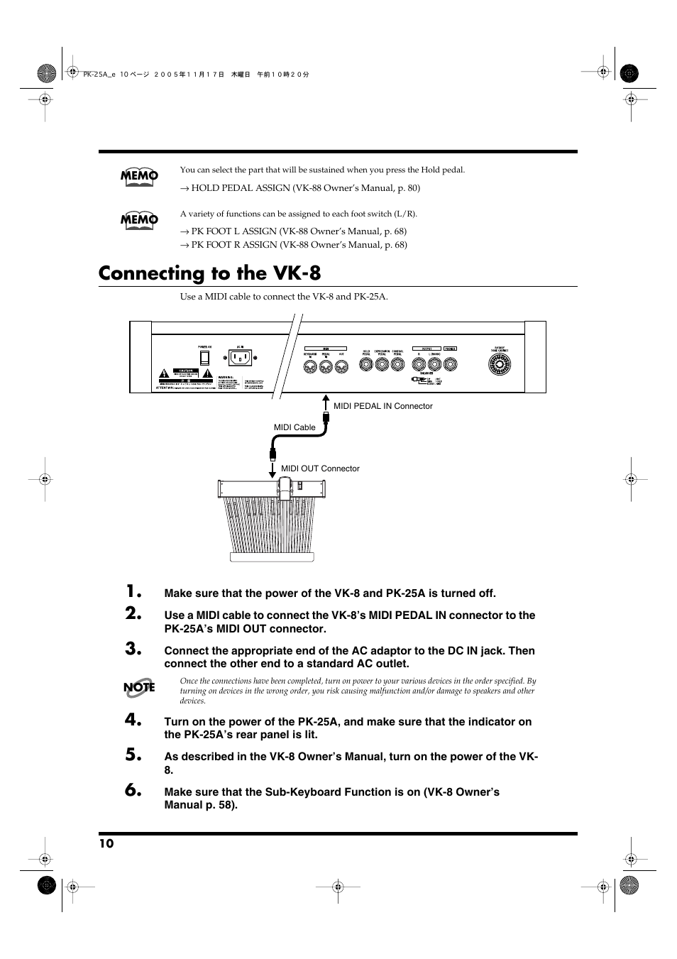 Connecting to the vk-8 | Roland PK-25A User Manual | Page 10 / 18